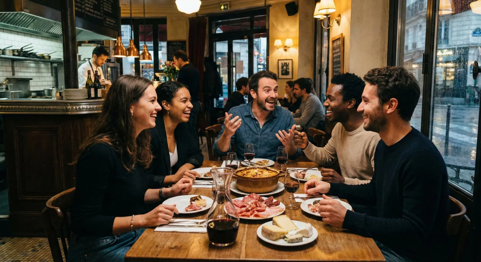 Cinco personas ríen en la mesa de un restaurante junto a la ventana, con vino, pan y entradas para compartir.